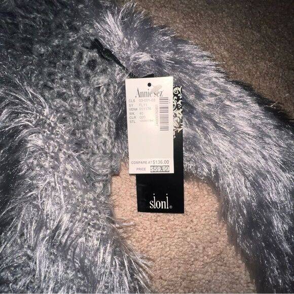 SIONI NWT Women's Grey Faux Fur Knit Cardigan Sweater with Crochet Back S/M - Picture 2 of 4